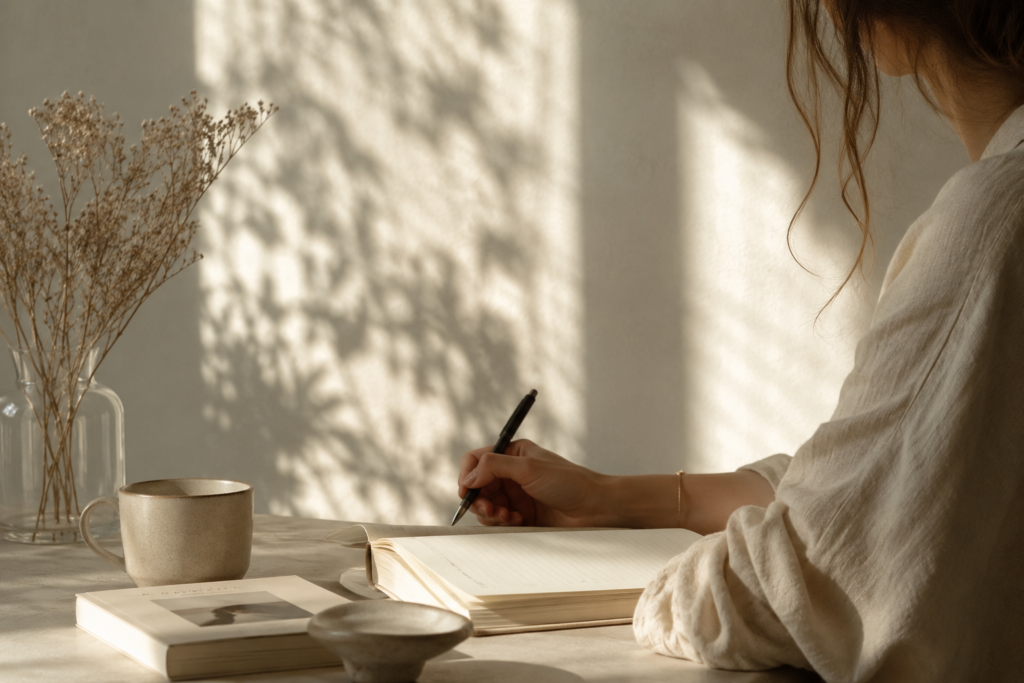 "Frau beim Journaling in warmem, ruhigen Licht"